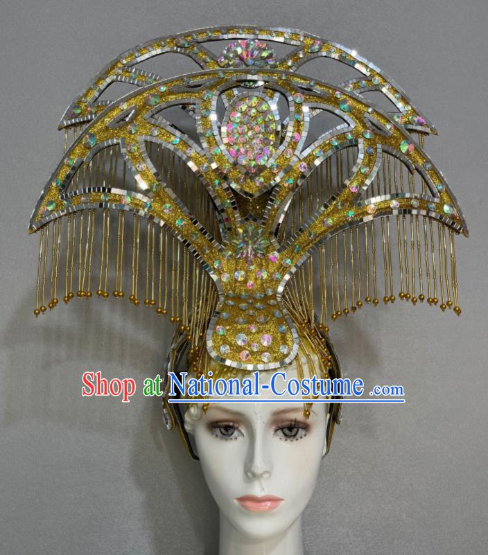 Custom Halloween Catwalks Headdress Brazil Parade Giant Hat Samba Dance Hair Accessories Opening Dance Golden Bells Tassel Hair Crown