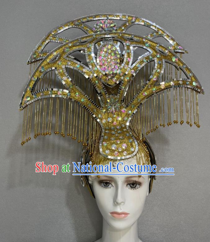 Custom Halloween Catwalks Headdress Brazil Parade Giant Hat Samba Dance Hair Accessories Opening Dance Golden Bells Tassel Hair Crown