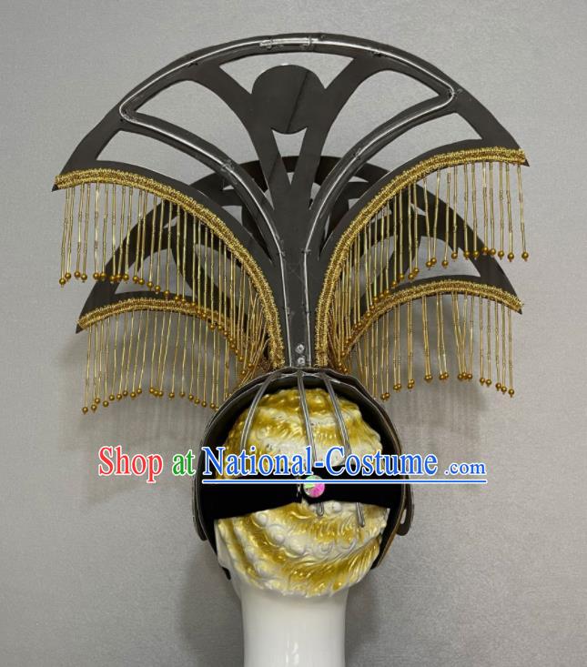 Custom Halloween Catwalks Headdress Brazil Parade Giant Hat Samba Dance Hair Accessories Opening Dance Golden Bells Tassel Hair Crown