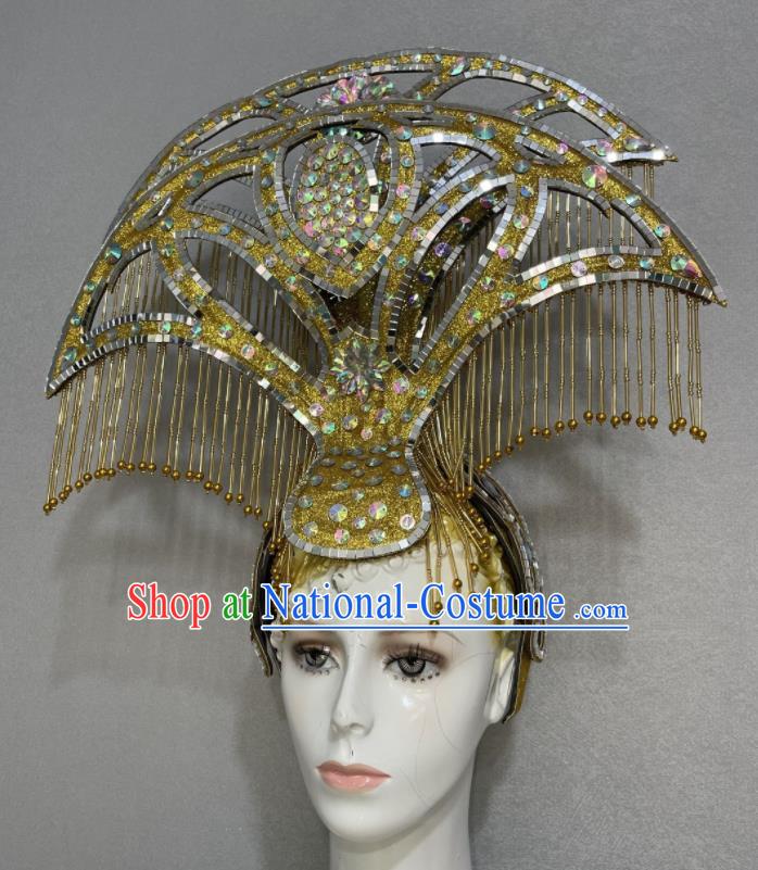 Custom Halloween Catwalks Headdress Brazil Parade Giant Hat Samba Dance Hair Accessories Opening Dance Golden Bells Tassel Hair Crown