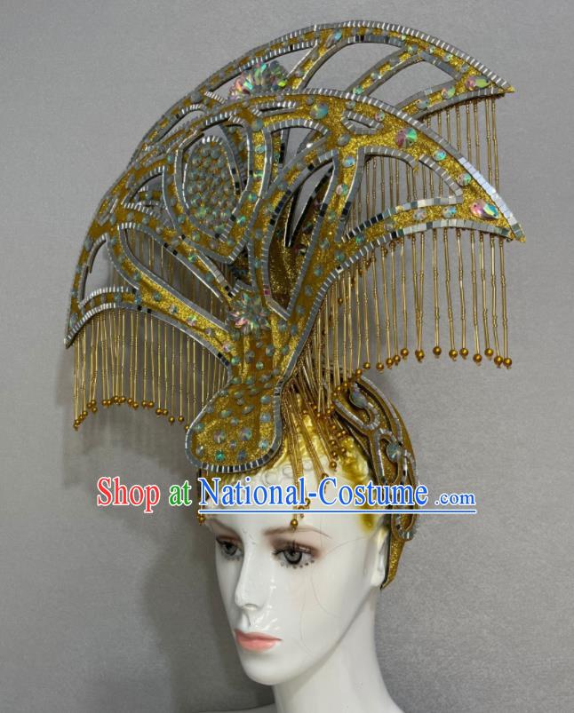 Custom Halloween Catwalks Headdress Brazil Parade Giant Hat Samba Dance Hair Accessories Opening Dance Golden Bells Tassel Hair Crown