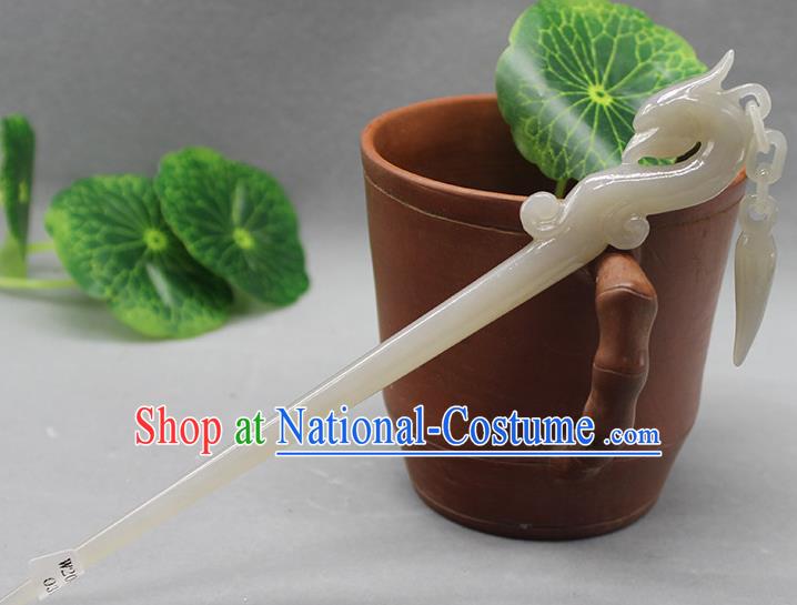 China Traditional Hair Accessories Ancient Court Lady Tassel Hair Stick Classical Headpiece Handmade Jade Carving Phoenix Hairpin