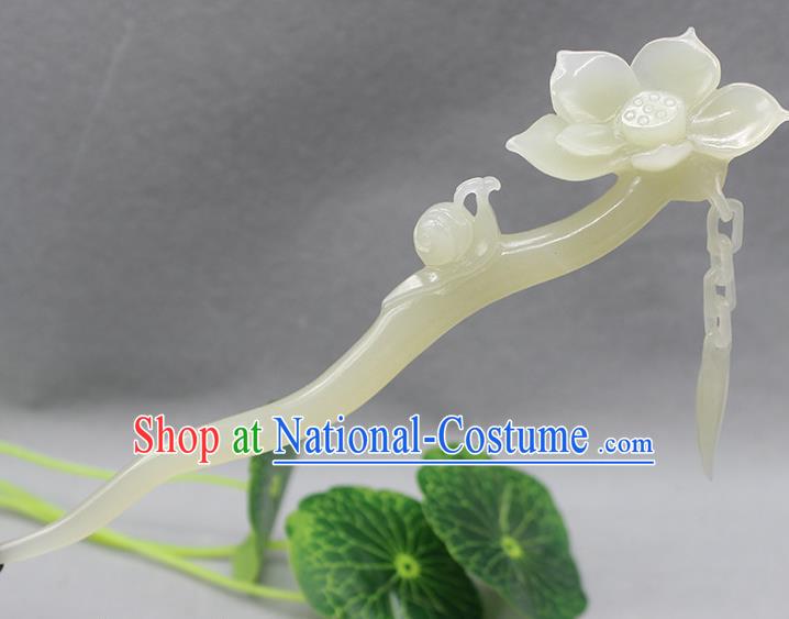 China Classical Hanfu Headpiece Handmade Jade Carving Lotus Hairpin Traditional Hair Accessories Ancient Empress Tassel Hair Stick