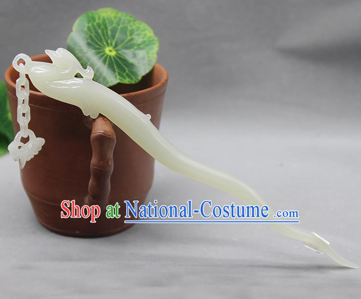 China Ancient Empress Tassel Hair Stick Classical Hanfu Headpiece Handmade Jade Carving Phoenix Hairpin Traditional Hair Accessories