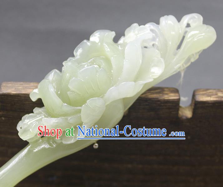 China Handmade Jade Carving Peony Hairpin Traditional Hanfu Hair Accessories Ancient Princess Hair Stick Han Dynasty Court Lady Headpiece