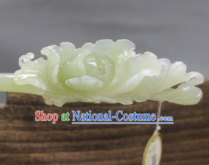 China Handmade Jade Carving Peony Hairpin Traditional Hanfu Hair Accessories Ancient Princess Hair Stick Han Dynasty Court Lady Headpiece