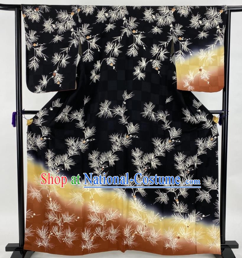 Japanese Elderly Woman Black Yukata Dress Traditional Ceremony Clothing Classical Dandelion Pattern Tsukesage Kimono Costume