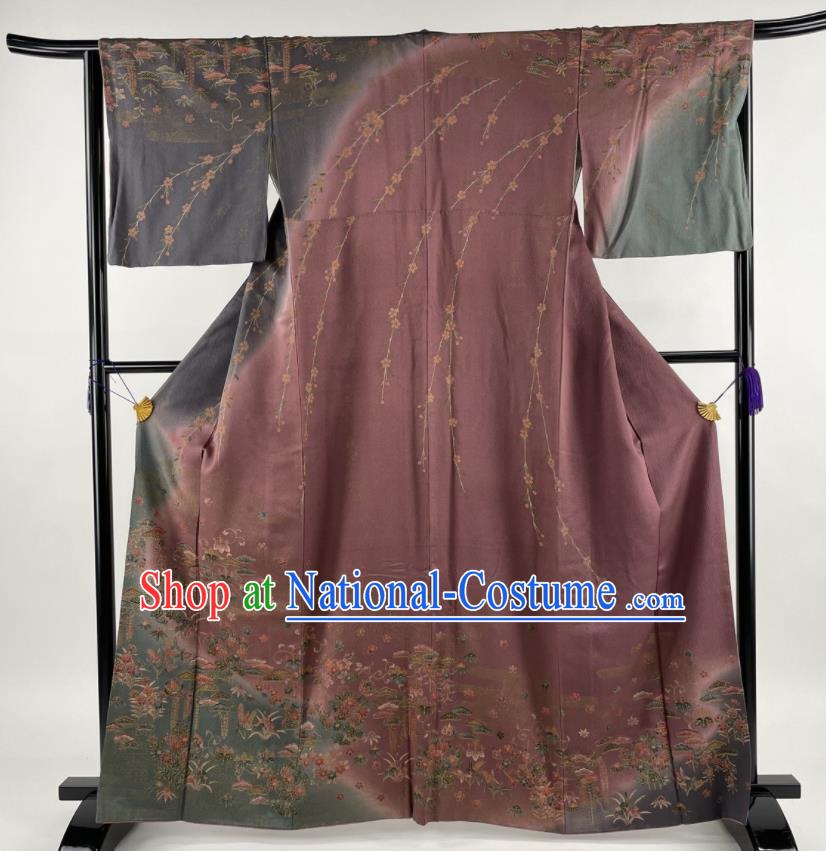 Japanese Classical Wisteria Sakura Pattern Tsukesage Kimono Costume Court Woman Brownish Pink Yukata Dress Traditional Ceremony Clothing