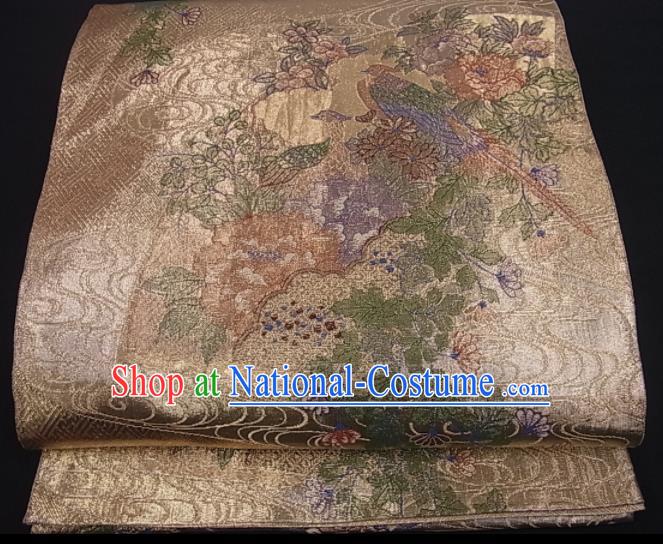 Traditional Japanese Classical Peacock Pattern Kimono Belt Handmade Nishijin Tapestry Waistband Yukata Robe Light Golden Brocade Girdle Accessories