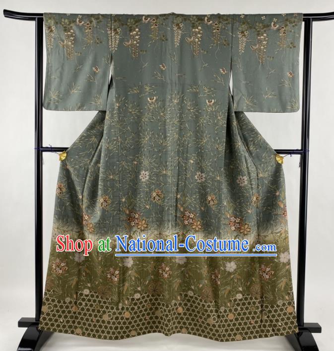 Japanese Elderly Woman Dark Green Yukata Dress Traditional Court Empress Clothing Classical Sakura Pattern Tsukesage Kimono Costume