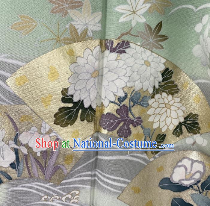 Japanese Classical Chrysanthemum Orchids Pattern Tsukesage Kimono Costume Young Woman Green Silk Yukata Dress Traditional Homongi Clothing