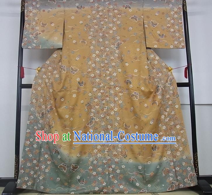 Japanese Classical Sakura Butterfly Pattern Tsukesage Kimono Costume Young Woman Yellow Yukata Dress Traditional Festival Clothing