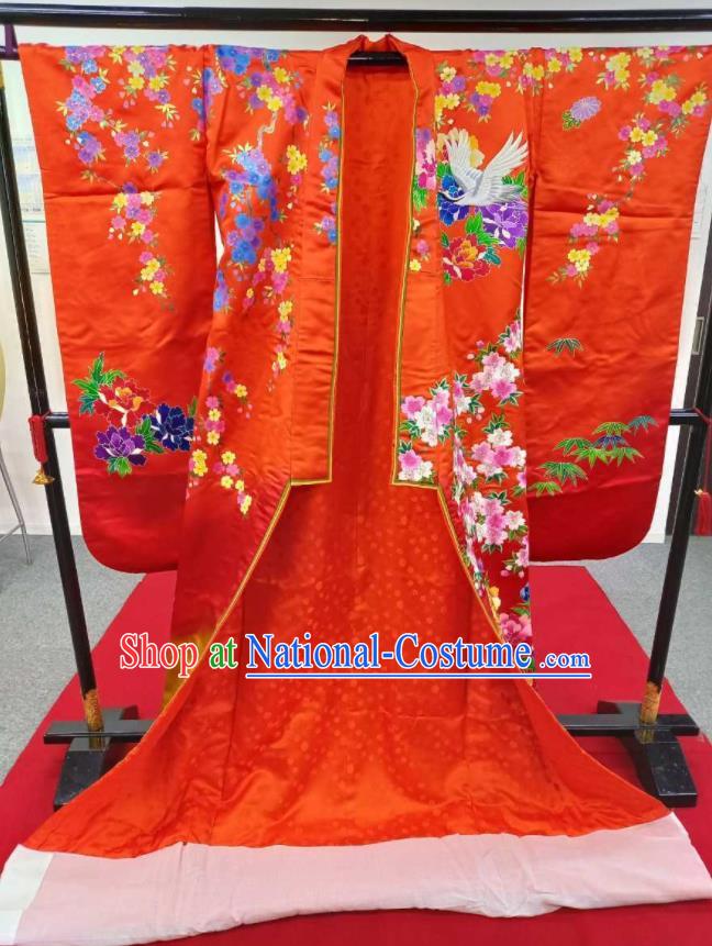 Japanese Traditional Court Bride Clothing Classical Cranes Flowers Pattern Uchikake Kimono Costume Geisha Performance Red Silk Yukata Dress