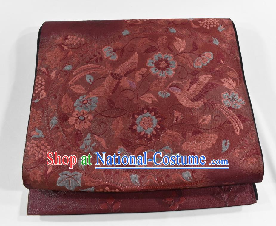 Japanese Classical Flowers Bird Pattern Kimono Belt Handmade Nishijin Wine Red Brocade Waistband Traditional Yukata Robe Girdle Accessories