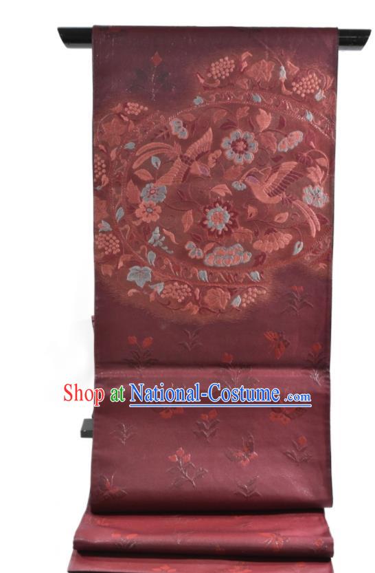 Japanese Classical Flowers Bird Pattern Kimono Belt Handmade Nishijin Wine Red Brocade Waistband Traditional Yukata Robe Girdle Accessories