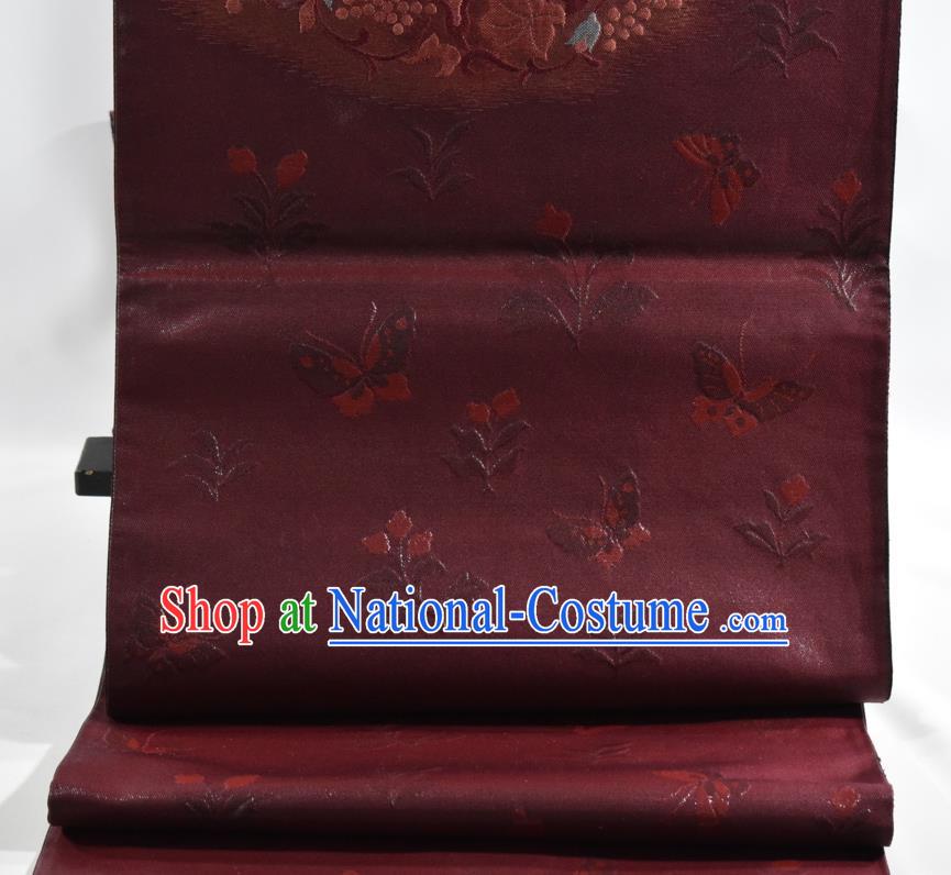 Japanese Classical Flowers Bird Pattern Kimono Belt Handmade Nishijin Wine Red Brocade Waistband Traditional Yukata Robe Girdle Accessories