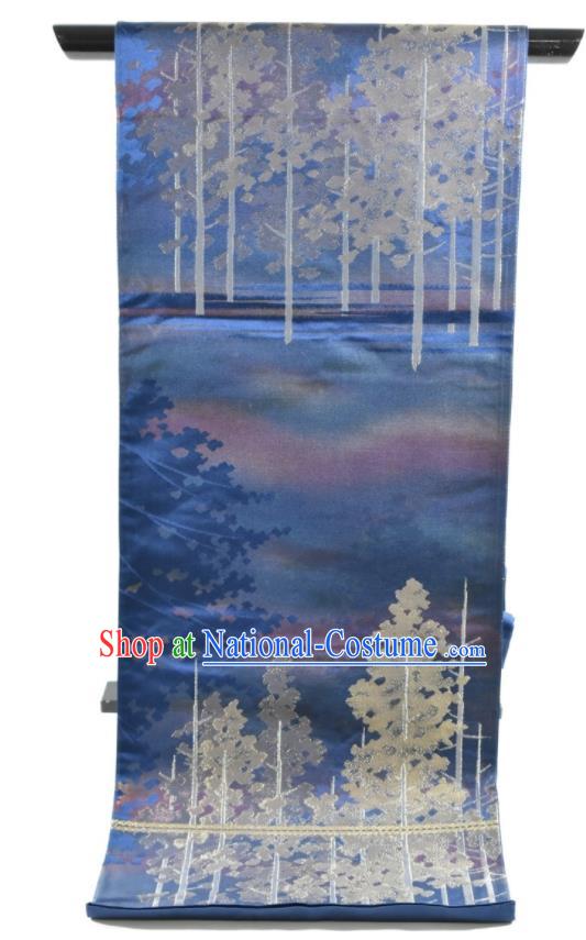 Japanese Traditional Yukata Robe Girdle Accessories Classical Trees Pattern Kimono Belt Handmade Nishijin Blue Brocade Waistband