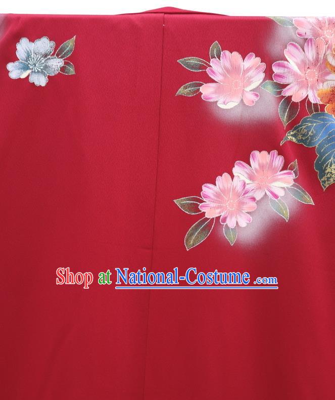 Japanese Classical Flowers Bird Pattern Furisode Kimono Costume Wedding Bride Wine Red Yukata Dress Traditional Geisha Performance Clothing