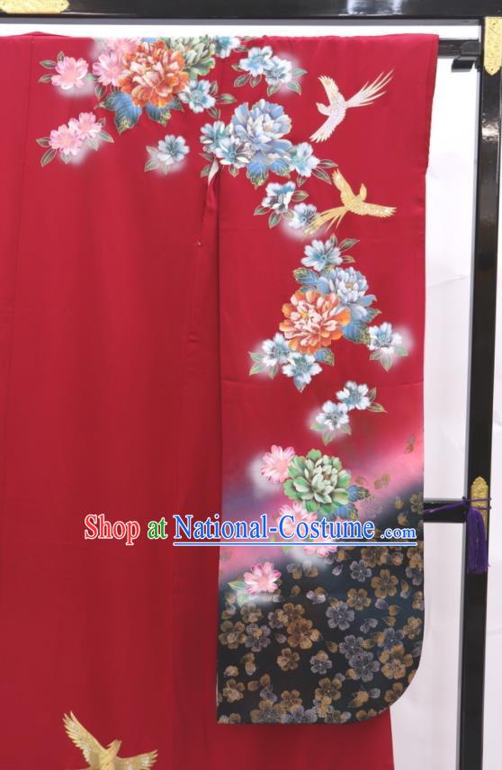 Japanese Classical Flowers Bird Pattern Furisode Kimono Costume Wedding Bride Wine Red Yukata Dress Traditional Geisha Performance Clothing