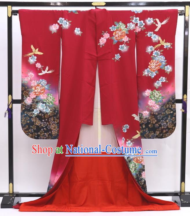 Japanese Classical Flowers Bird Pattern Furisode Kimono Costume Wedding Bride Wine Red Yukata Dress Traditional Geisha Performance Clothing