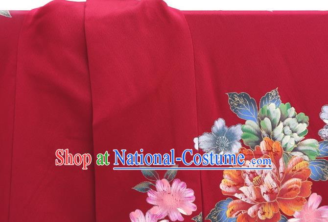 Japanese Classical Flowers Bird Pattern Furisode Kimono Costume Wedding Bride Wine Red Yukata Dress Traditional Geisha Performance Clothing