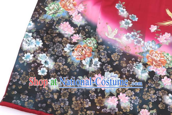 Japanese Classical Flowers Bird Pattern Furisode Kimono Costume Wedding Bride Wine Red Yukata Dress Traditional Geisha Performance Clothing