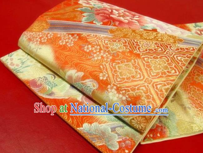 Japanese Classical Peony Pattern Nishijin Red Brocade Belt Handmade Kimono Waistband Traditional Yukata Robe Girdle Accessories