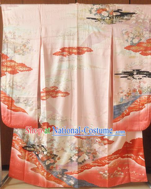 Japanese Classical Flowers Pattern Furisode Kimono Costume Wedding Bride Pink Silk Yukata Dress Traditional Court Princess Clothing