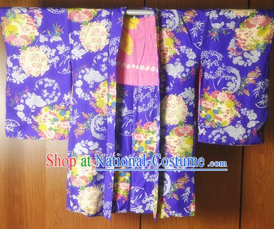 Japan Traditional Warrior Purple Silk Kimono Clothing Classical Hydrangea Pattern Haori Jacket Male Outer Garment Costume