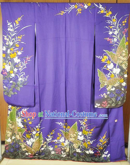 Japanese Wedding Bride Deep Purple Yukata Dress Traditional Court Princess Clothing Classical Butterfly Flowers Pattern Furisode Kimono Costume