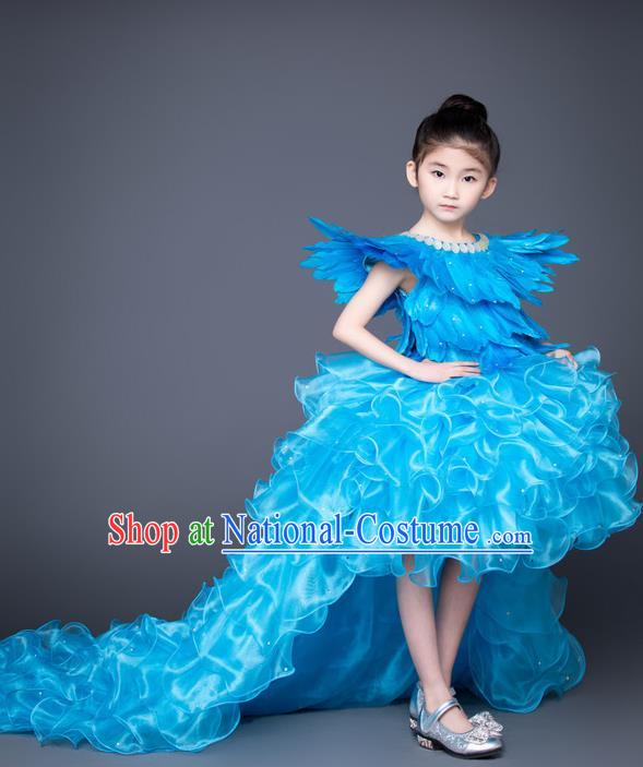 Custom Piano Recital Clothing Children Catwalks Garment Costume Christmas Performance Blue Trailing Full Dress Fairy Princess Feather Fashion