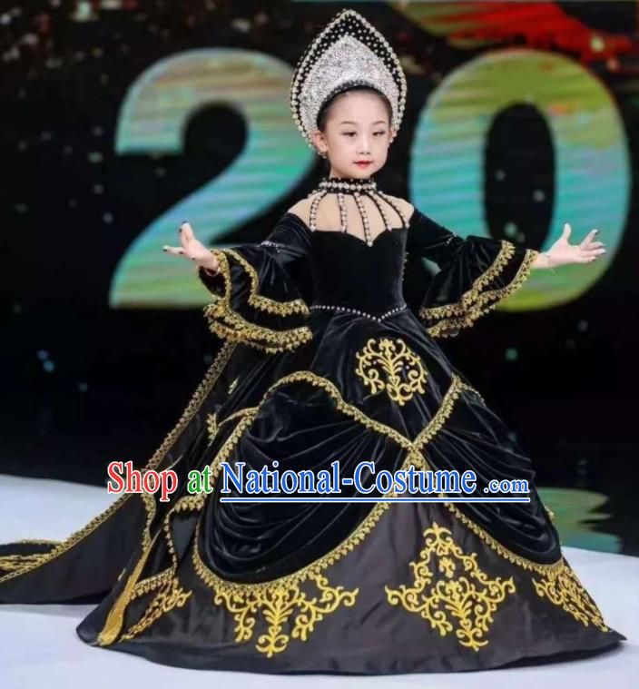 Custom Christmas Performance Black Velvet Full Dress Victorian Princess Fashion Piano Recital Clothing Children Catwalks Garment Costume