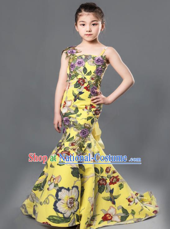 Custom Piano Recital Clothing Children Catwalks Garment Costume Christmas Performance Yellow Fishtail Full Dress Flowers Fairy Fashion