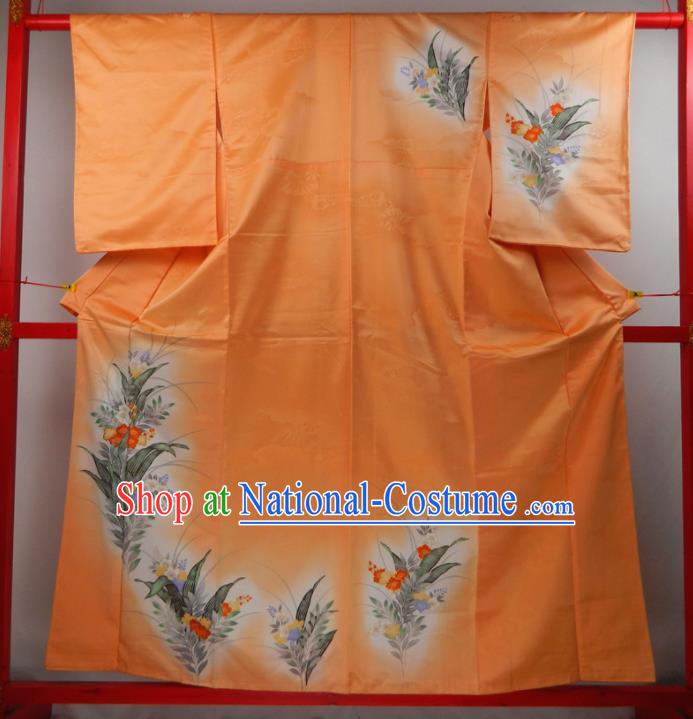 Japanese Traditional Ceremony Garment Costume Young Woman Orange Silk Yukata Dress Classical Flowers Pattern Tsukesage Kimono Clothing