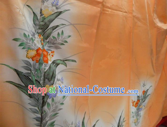 Japanese Traditional Ceremony Garment Costume Young Woman Orange Silk Yukata Dress Classical Flowers Pattern Tsukesage Kimono Clothing