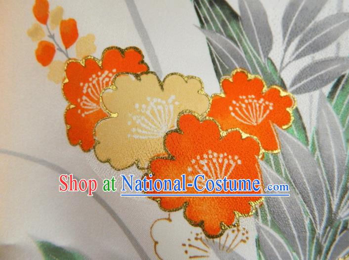 Japanese Traditional Ceremony Garment Costume Young Woman Orange Silk Yukata Dress Classical Flowers Pattern Tsukesage Kimono Clothing