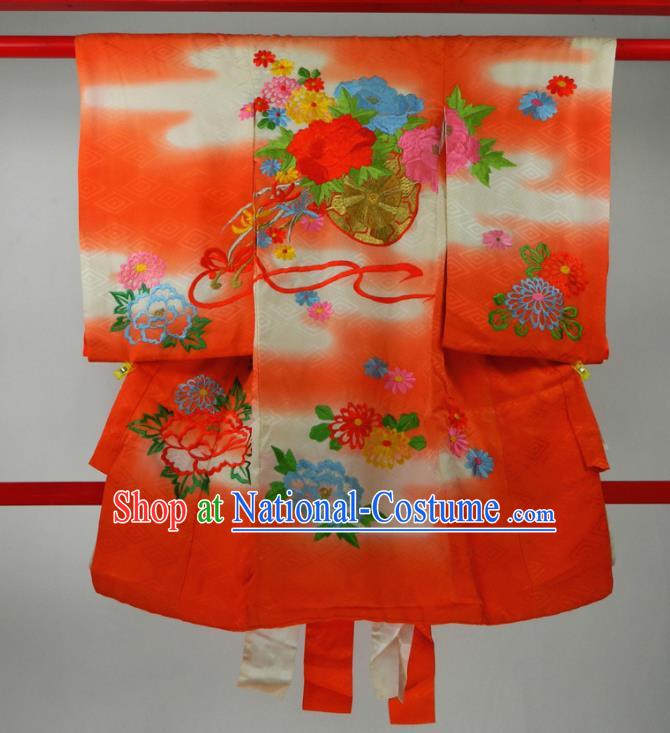 Japan Classical Peony Pattern Red Furisode Kimono Traditional Festival Yukata Dress Children Garment Costume