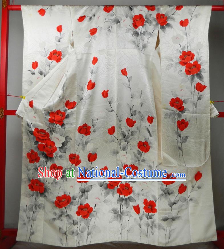 Japanese Bride White Silk Yukata Dress Classical Rose Flowers Pattern Furisode Kimono Clothing Traditional Court Empress Garment Costume