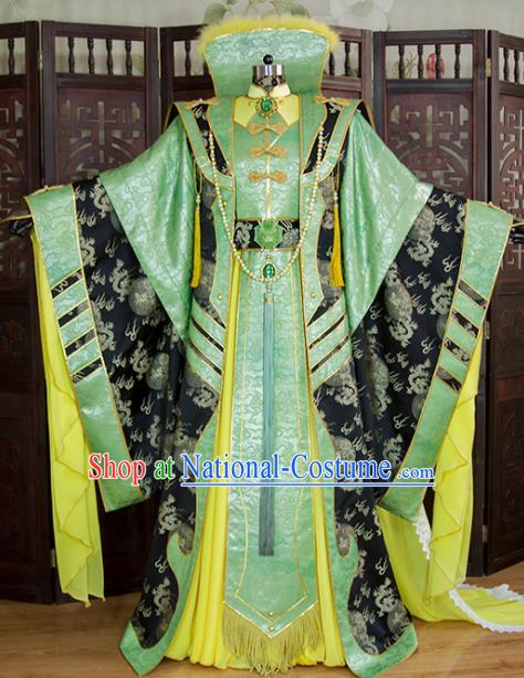 China Cosplay Swordsman Green Hanfu Clothing Ancient Emperor Garment Costumes Traditional Puppet Show King Beichen Yuanhuang Uniforms