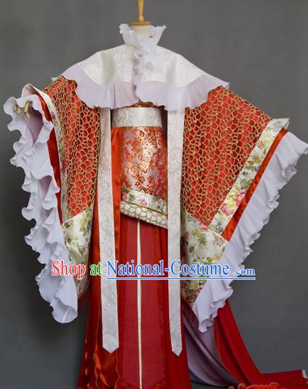 China Ancient Queen Red Hanfu Dress Traditional Puppet Show Empress Fei Yu Clothing Cosplay Swordswoman Garment Costumes