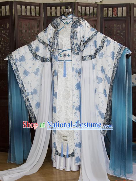 China Ancient Noble Childe Garment Costumes Traditional Puppet Show Swordsman Su Huanzhen Uniforms Cosplay Royal Prince White Hanfu Clothing