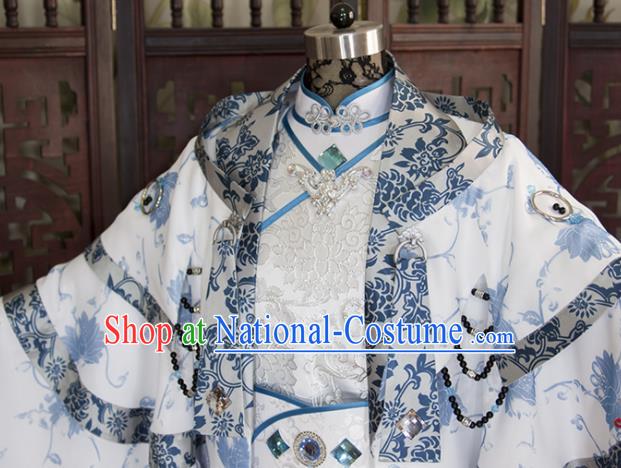 China Ancient Noble Childe Garment Costumes Traditional Puppet Show Swordsman Su Huanzhen Uniforms Cosplay Royal Prince White Hanfu Clothing