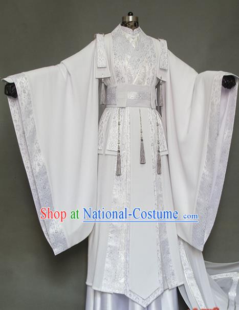 China Ancient Young Knight Garment Costumes Traditional Puppet Show Swordsman Shi Yanwen White Uniforms Cosplay Noble Prince Hanfu Clothing