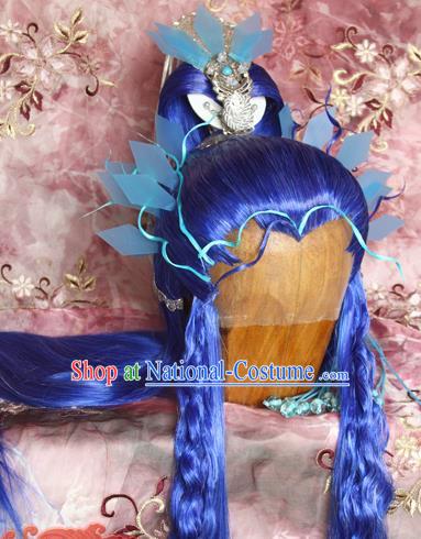 Chinese Cosplay Swordsman Yin Qiujun Hairpieces and Hair Crown Ancient Young Hero Hair Accessories Traditional Hanfu Blue Wigs Sheath