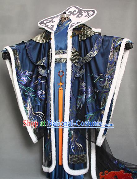 China Traditional Puppet Show Peacock King Navy Uniforms Cosplay Swordsman Yi Xijun Hanfu Clothing Ancient Emperor Garment Costumes