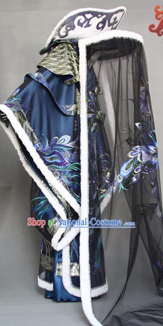 China Traditional Puppet Show Peacock King Navy Uniforms Cosplay Swordsman Yi Xijun Hanfu Clothing Ancient Emperor Garment Costumes