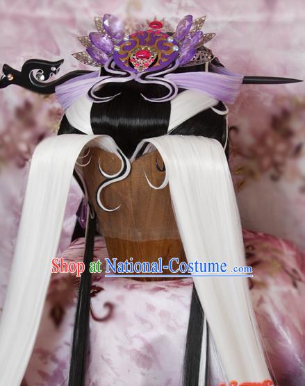 Chinese Ancient Swordswoman Wigs and Hair Crown Traditional Puppet Show Demon Queen Hair Accessories Cosplay Empress Headdress