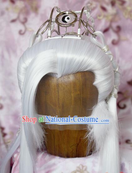 Chinese Cosplay Taoism Immortal Hairpieces and Hair Crown Ancient Elderly Swordsman Hair Accessories Traditional Hanfu Taoist Priest White Wigs Sheath