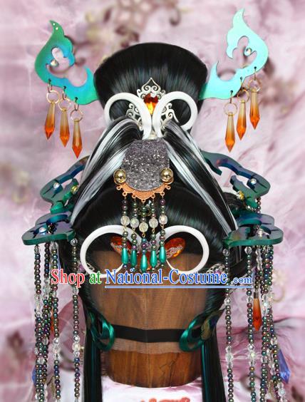 Chinese Traditional Puppet Show Peacock Princess Hair Accessories Cosplay Empress Headdress Ancient Queen Wigs and Hairpins Headpieces