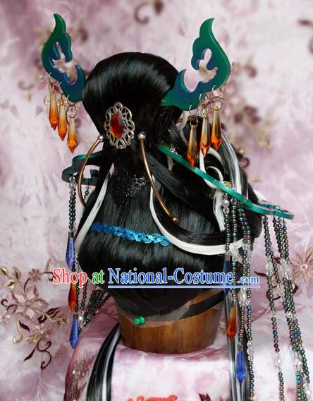 Chinese Traditional Puppet Show Peacock Princess Hair Accessories Cosplay Empress Headdress Ancient Queen Wigs and Hairpins Headpieces